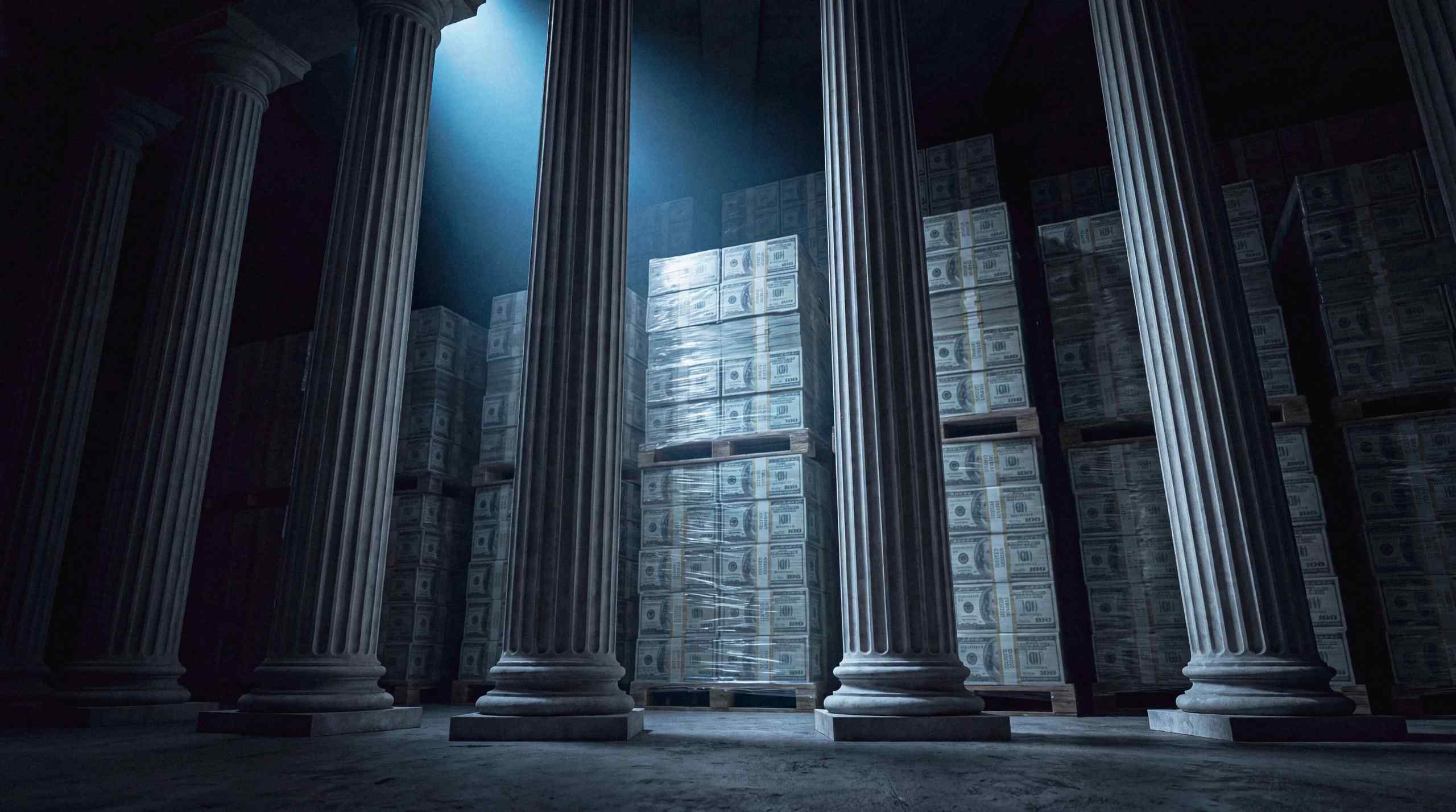 A massive stack of cash in a government building.